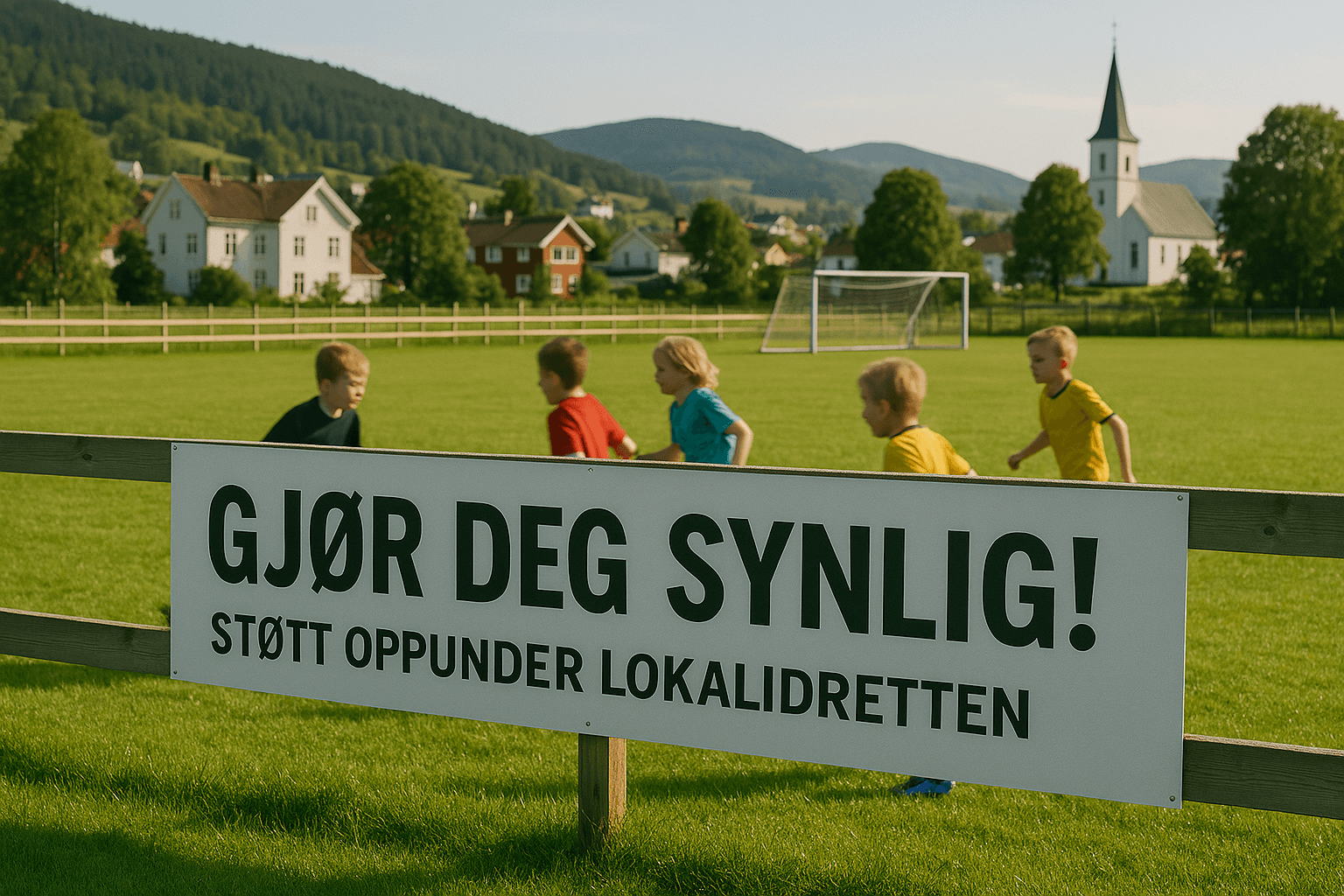 Barn som spiller fotball på lokal bane med reklameskilt fra lokale bedrifter i bakgrunnen.