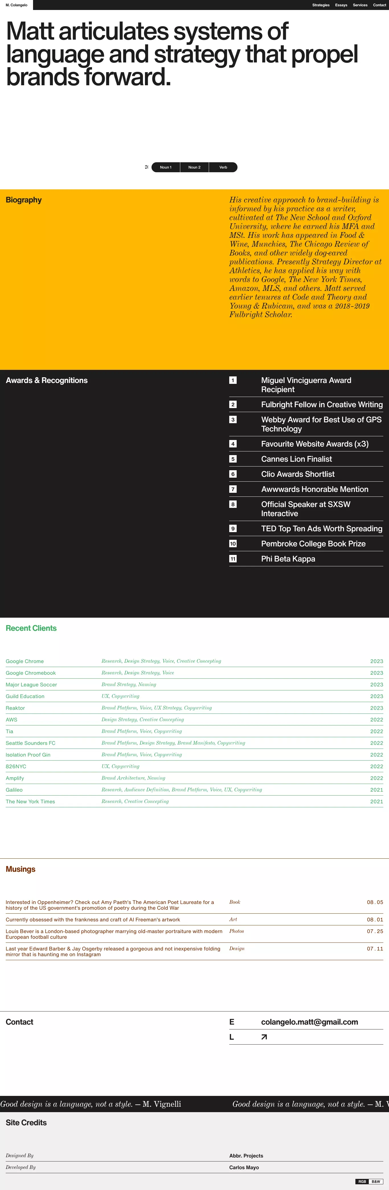 Matt Colangelo portfolio page screenshot showcasing Marketing and Writing design
