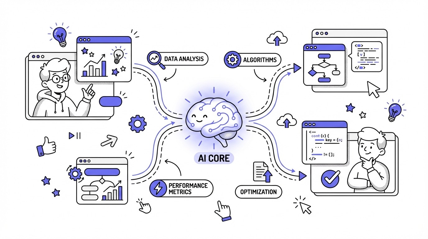 A futuristic diagram showing an abstract, glowing AI core at the center, surrounded by dynamic, holographic projections of complex code and data streams in blue, purple, green, and white. A human hand is subtly interacting with one of the glowing displays, illustrating AI evaluating technical skills.