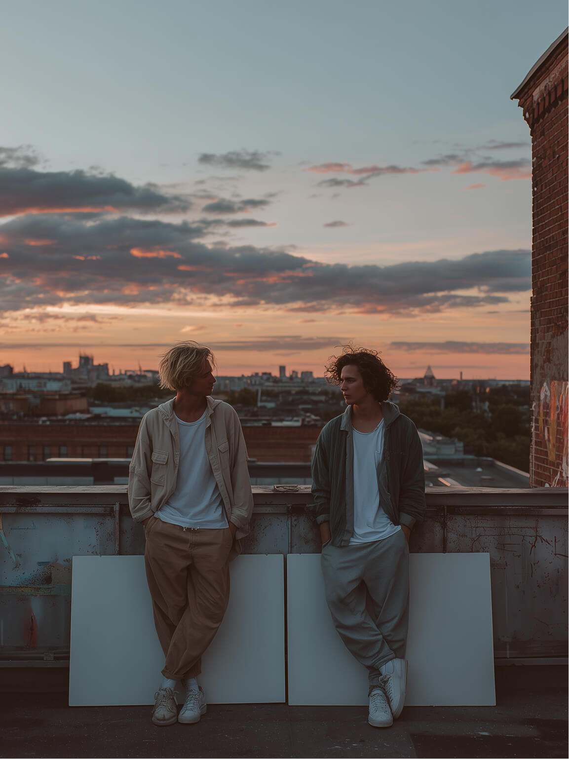 Two people talking on a rooftop at sunset