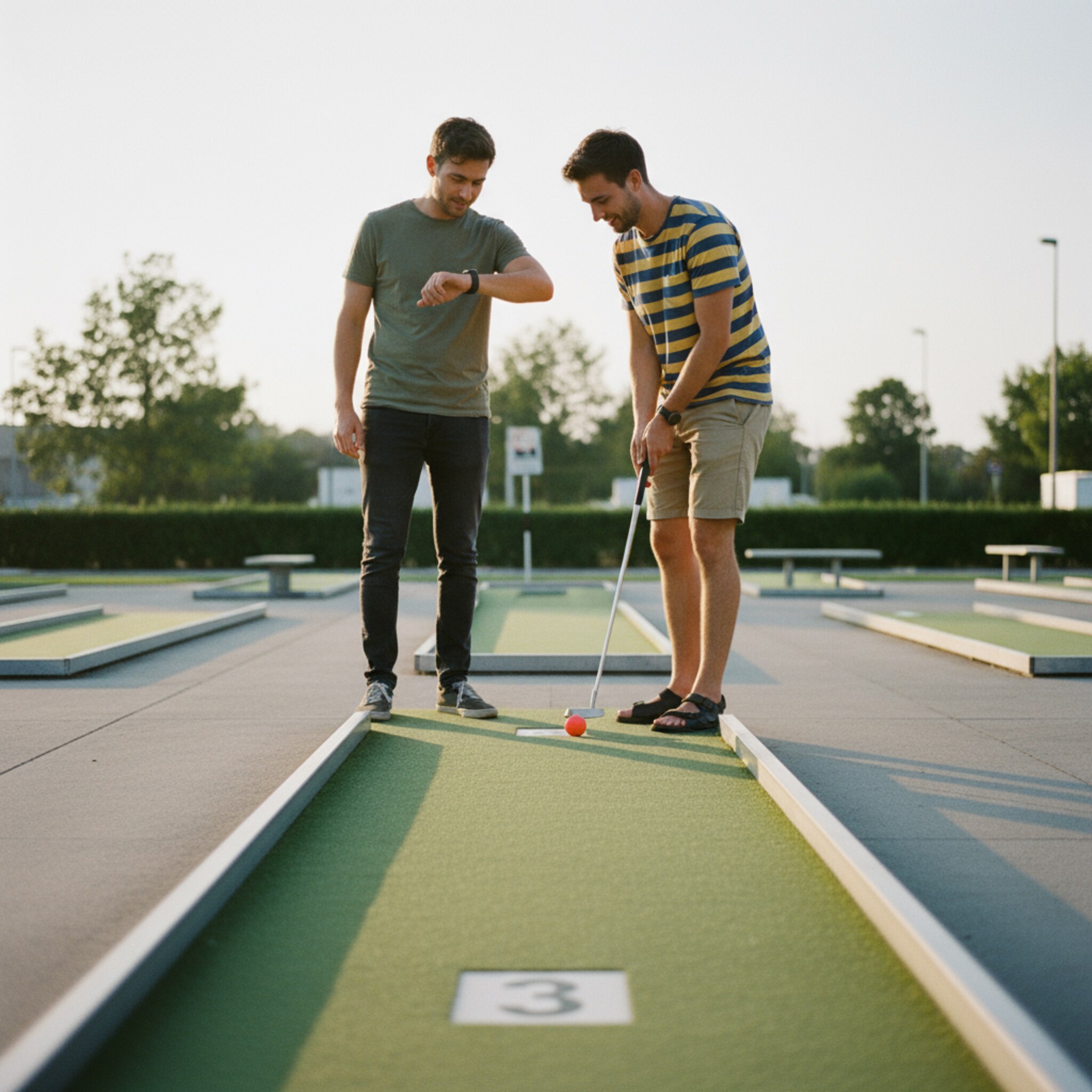 Eine einzelne Minigolf-Bahn im Vordergrund, Nummer klar sichtbar. Zwei Freunde legen ihre Schläger bereit, einer schaut auf die Uhr, der andere platziert den Ball am Startpunkt. Die Szene wirkt ruhig, die nächste Bahn steht leer. Mildes Abendlicht betont die Bahnkonturen und klare Linien.
