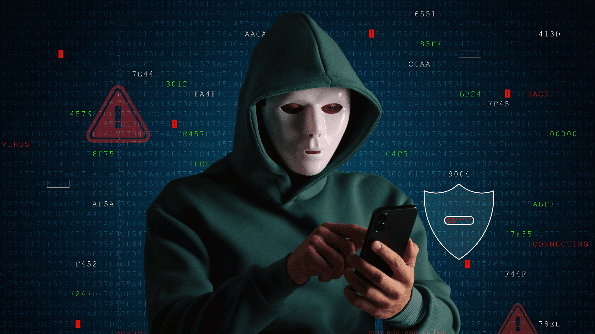 Cyber-Kriminalität: Eine Person mit einer weißen Maske und dunkler Kapuze blickt auf ein Smartphone, umgeben von digitalen Warnsignalen und Matrix-Code.
