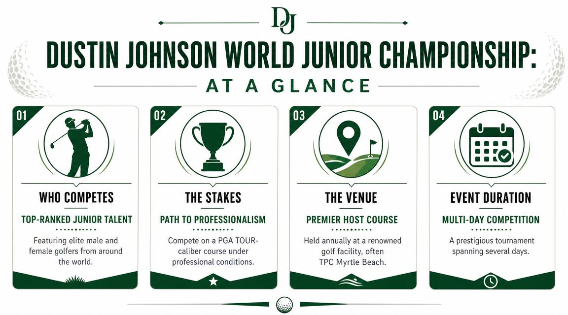 An infographic summarizing the Dustin Johnson World Junior Championship, highlighting competitors, stakes, venue, and event duration details.