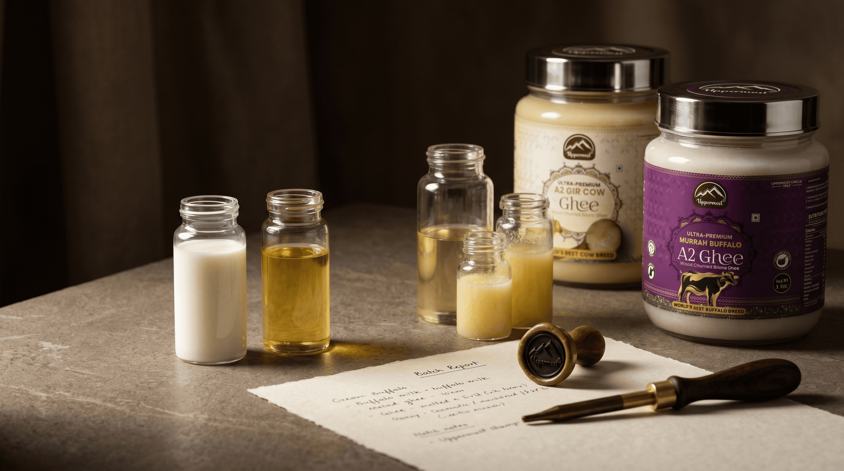 Milk-to-ghee test vials beside both Uppermost jars and a wax-sealed batch report