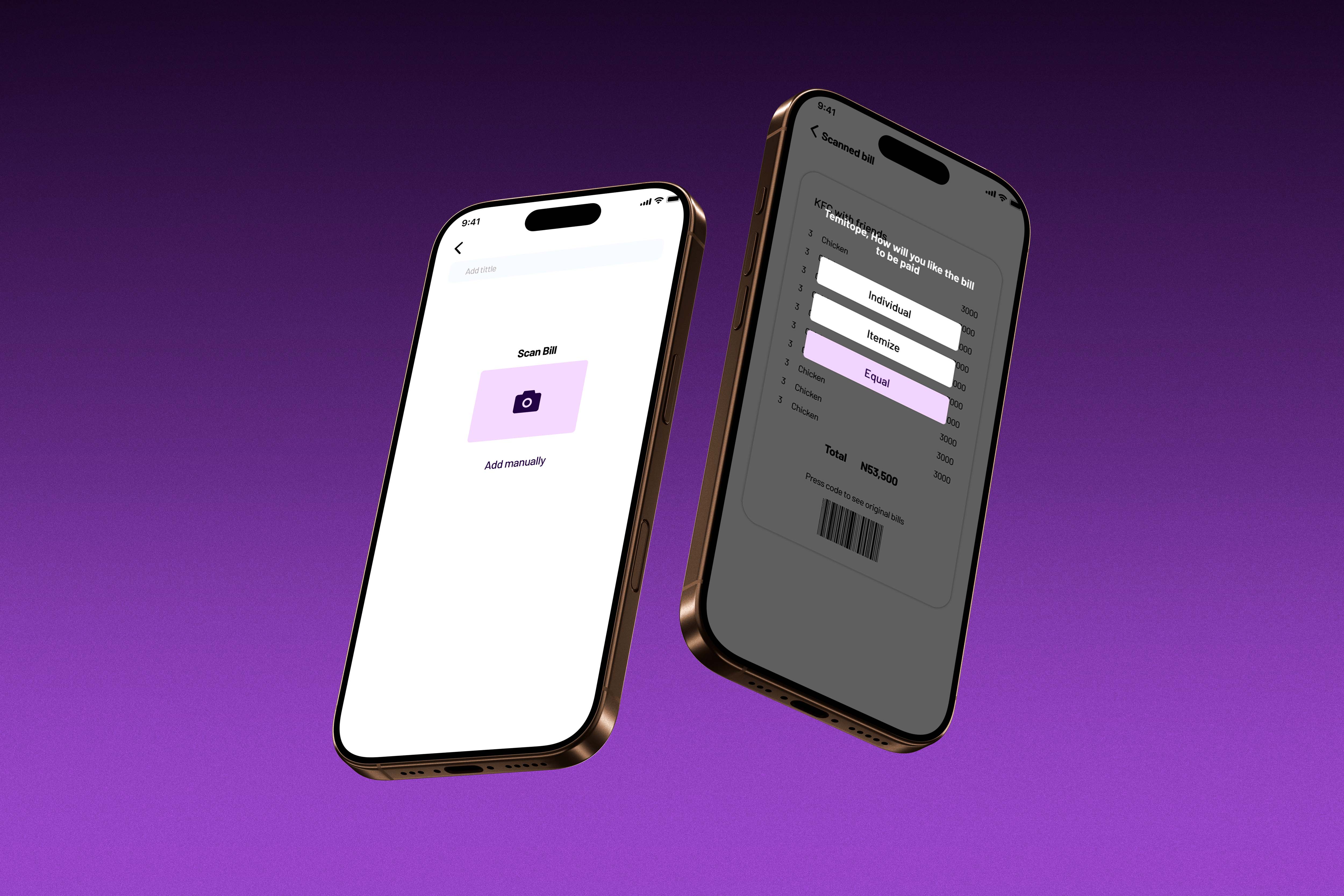 Two smartphones with sleek, modern designs display a white and a dark-themed UI prototype featuring a barcode scanner app against a gradient purple backdrop, showcasing innovative mobile design and UI/UX elements.