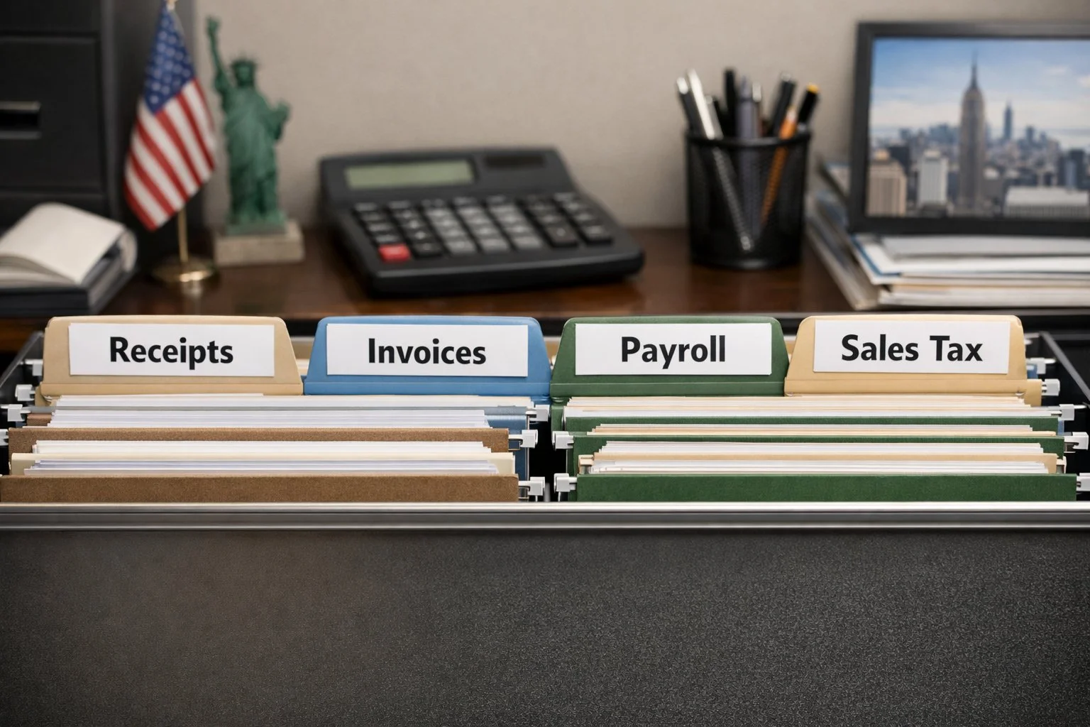 Realistic office scene with neatly organized folders labeled "Receipts," "Invoices," "Payroll," and "Sales Tax," illustrating proper New York record-keeping.
