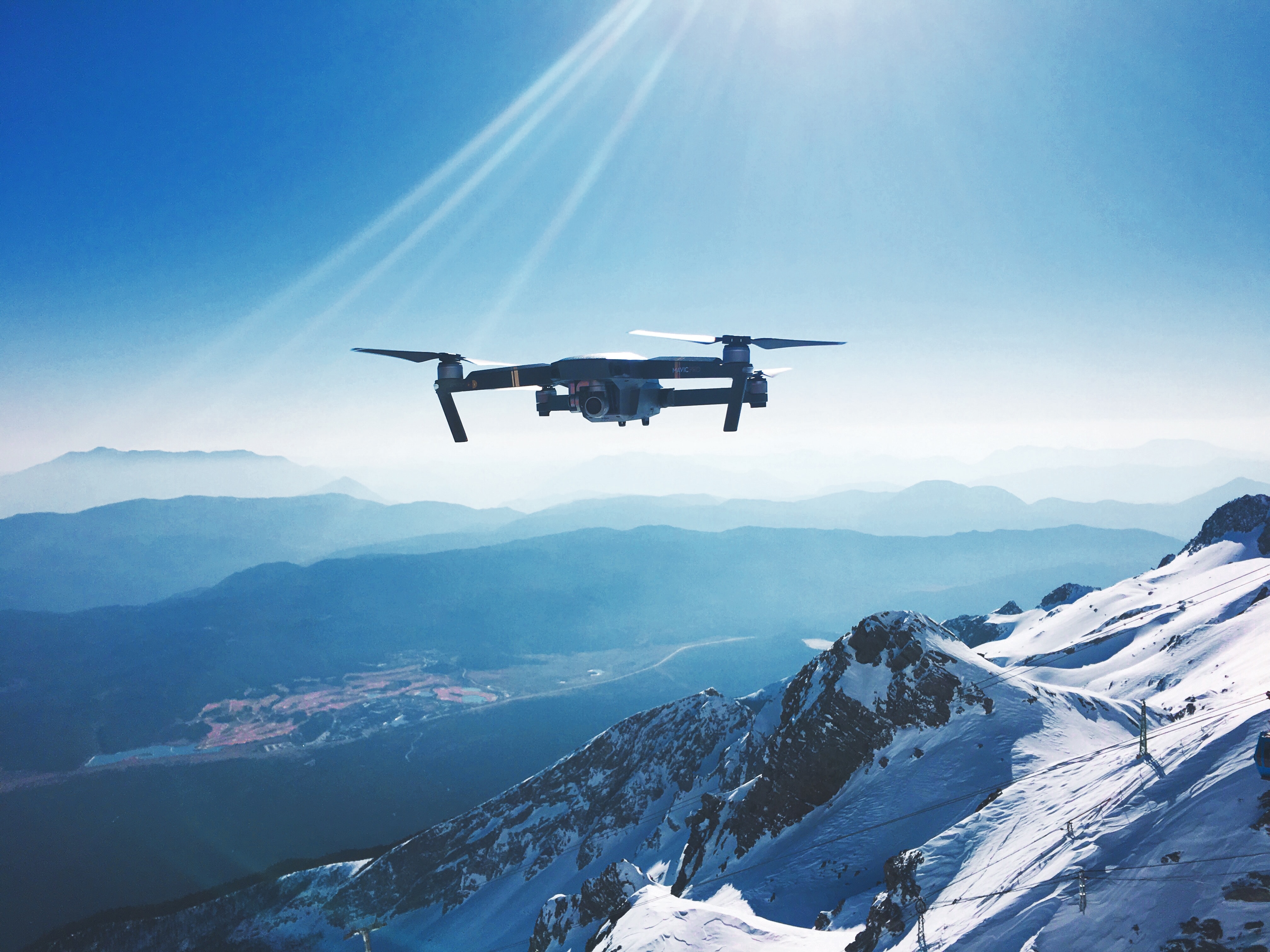 Drone over snowy mountains