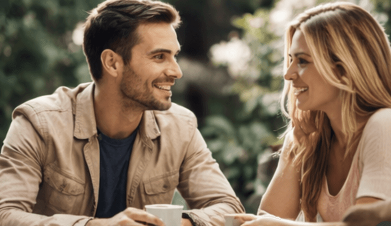 ein mann sitzt mit einer frau in einem caffee, beide haben spaß