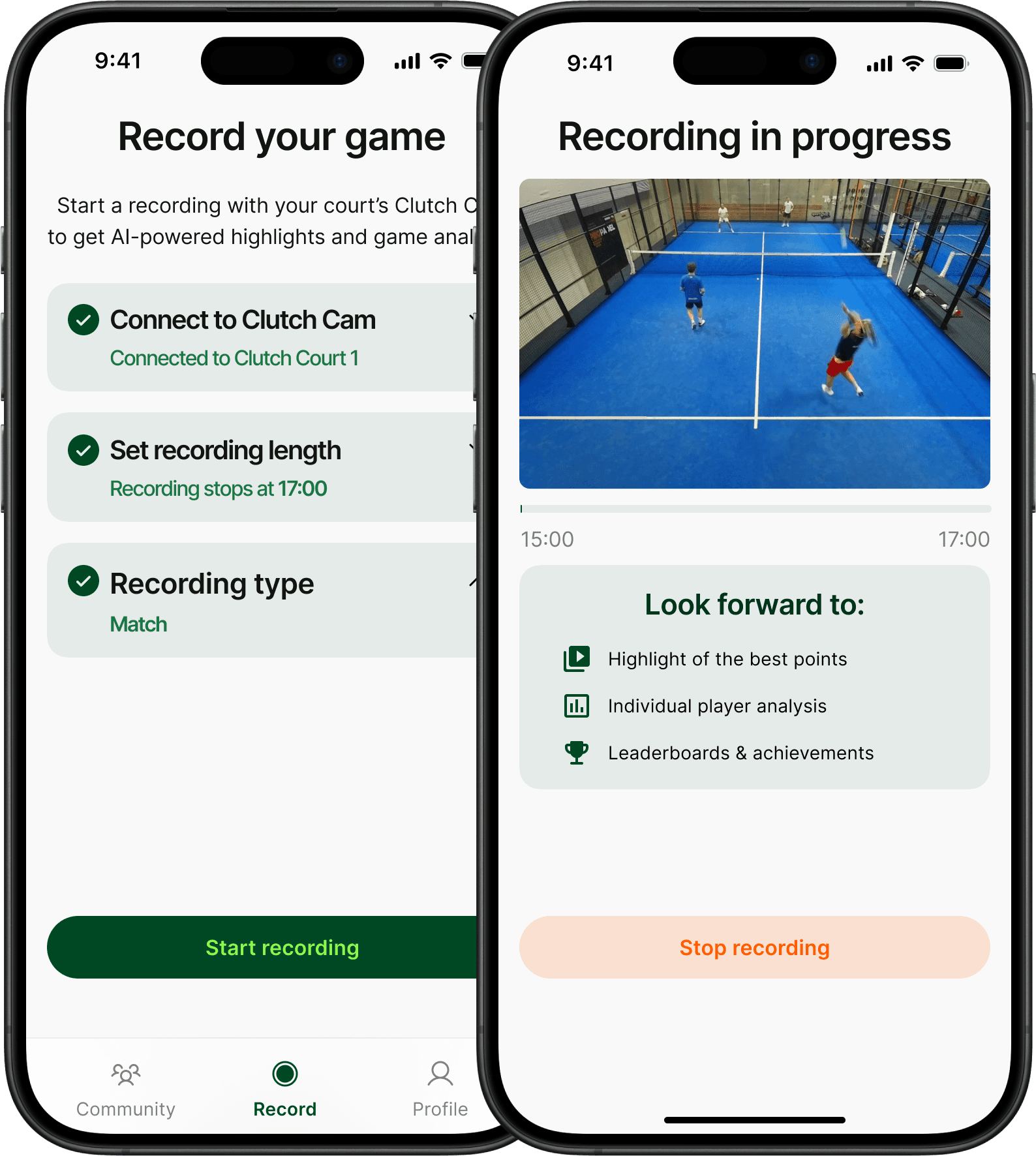 Clutch App Padel Recording Screen