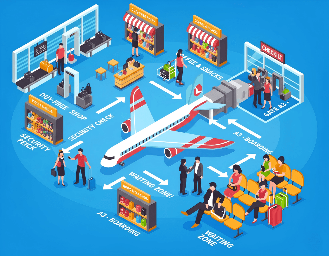 機場航站樓旅客動線規劃圖,安檢、候機與登機區域零售佈局示意Airport terminal passenger circulation plan with security, waiting lounge and boarding gate retail layout