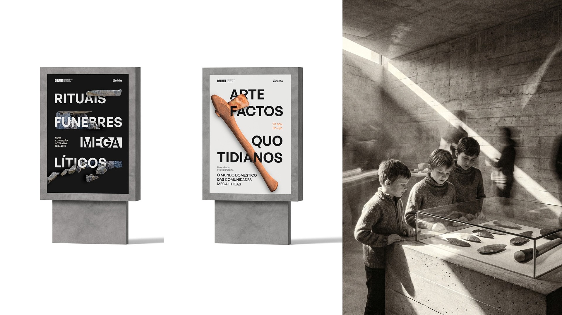 Dolmen exhibition poster designs displayed on outdoor citylight stands, with archival photo of children viewing museum artefacts