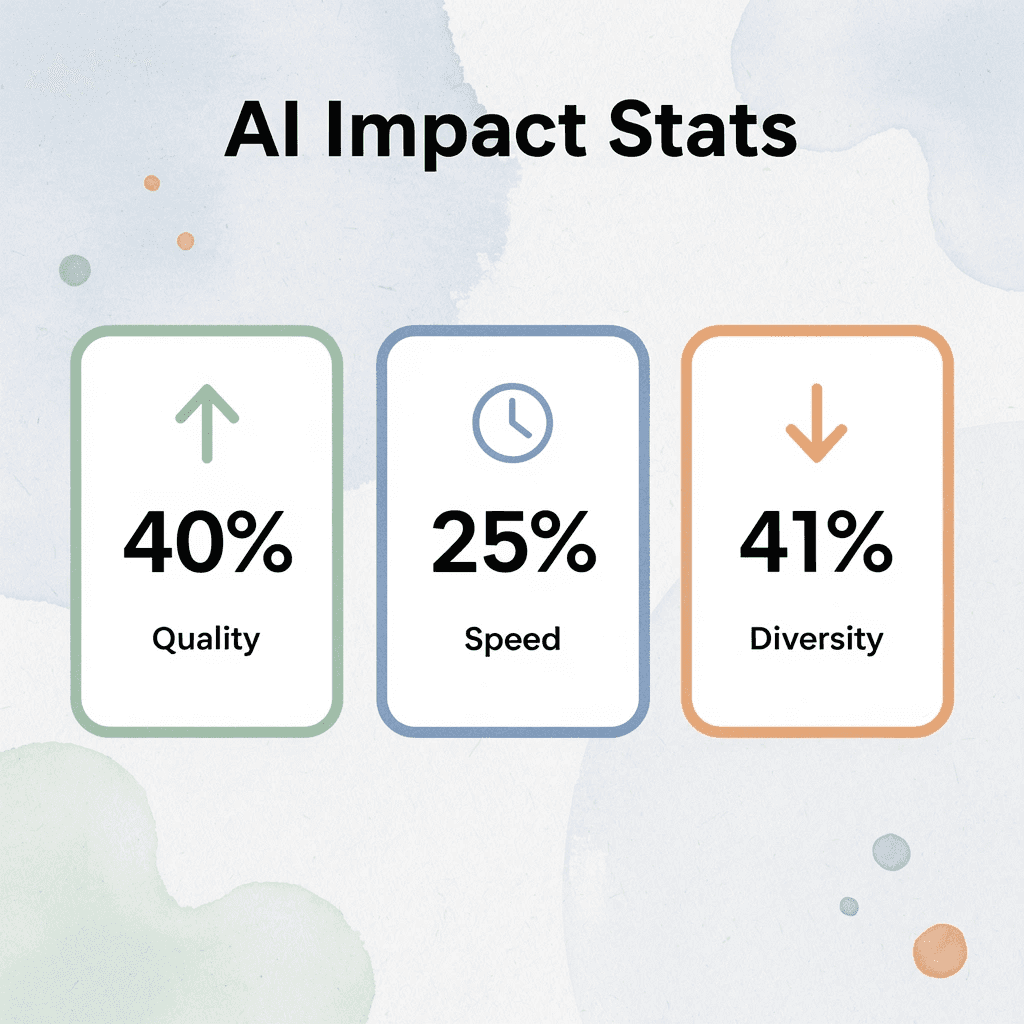 Statistics showing AI's impact on creative work quality, speed, and diversity - 