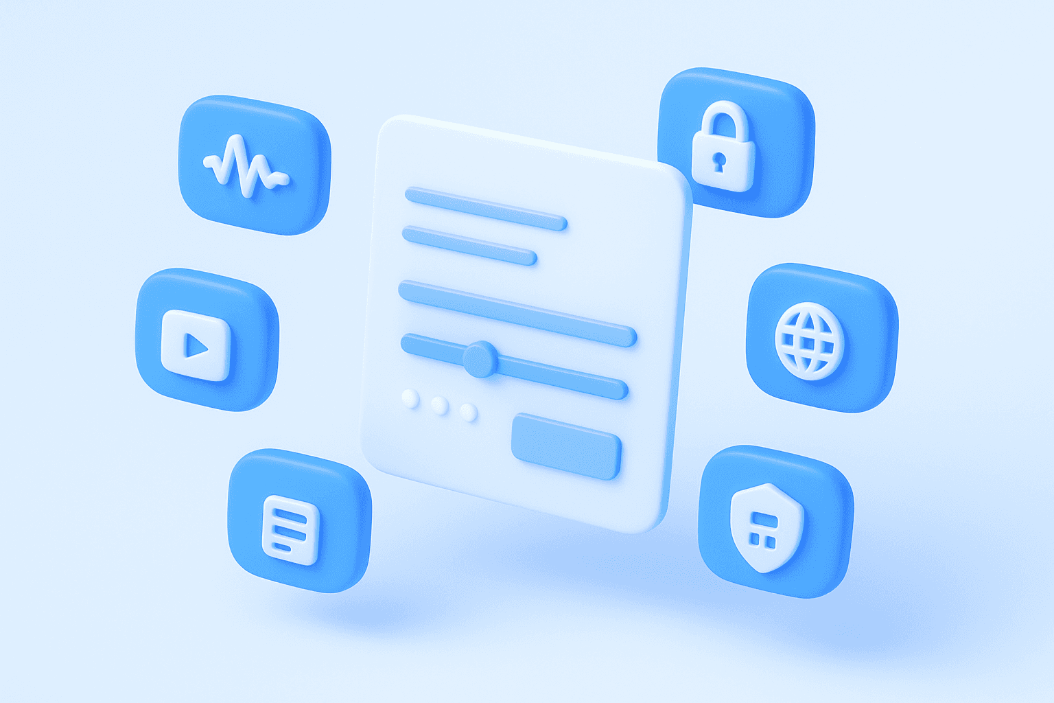 3D illustration of a floating document surrounded by five blue circular icons: star (quality), book (literary), megaphone (promo), film clapperboard (screen content), and speech bubble (dialogue or communication).