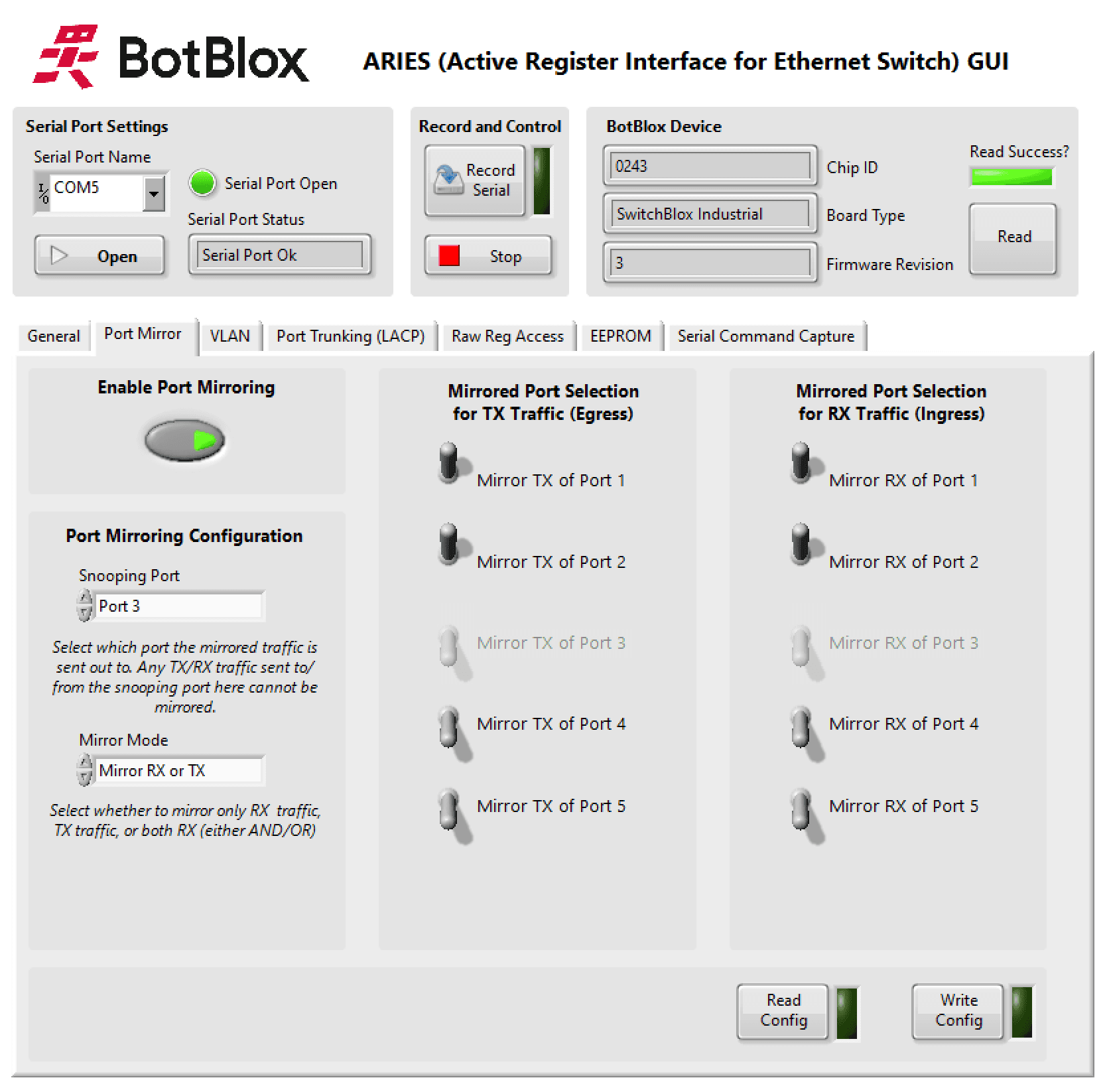 ARIES Port Mirror tab: enabling port mirroring and selecting mirrored TX and RX ports