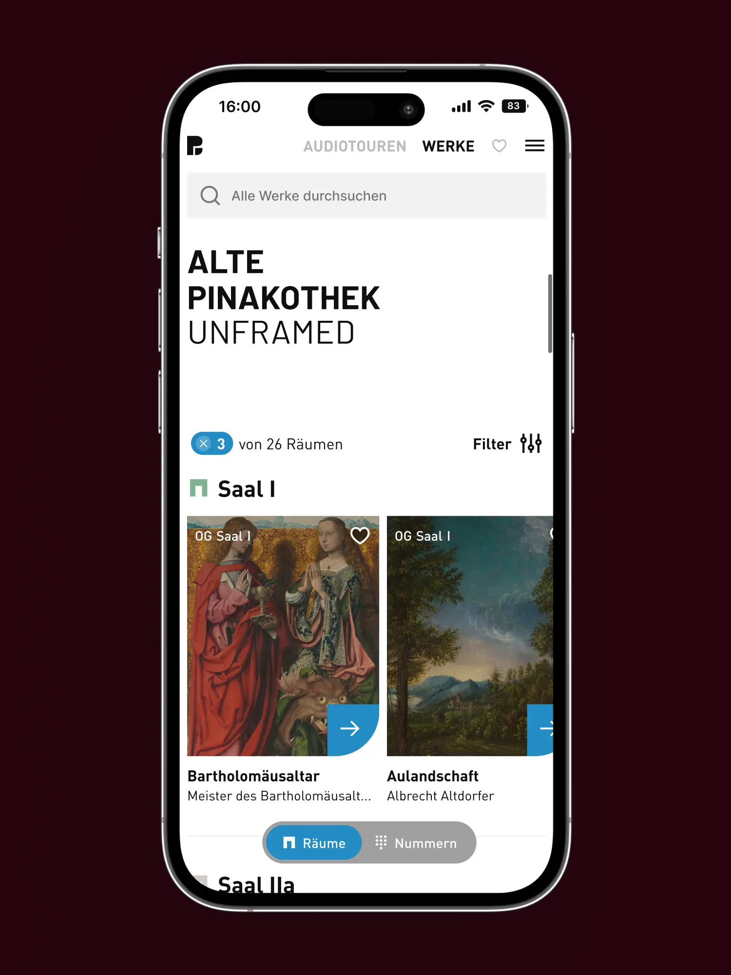 App-Screenshot Werke-Ansicht: Suche, Filter, Saal I mit Bartholomäusaltar und Altdorfers Landschaft; Umschalter „Räume“ / „Nummern“.