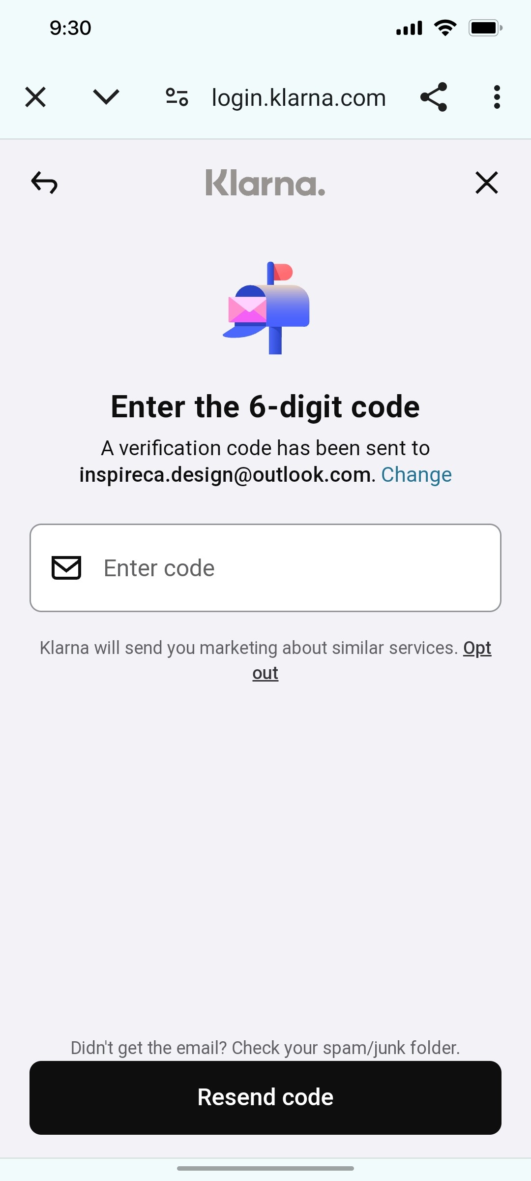 Klarna Sent Verification Code Email Screen