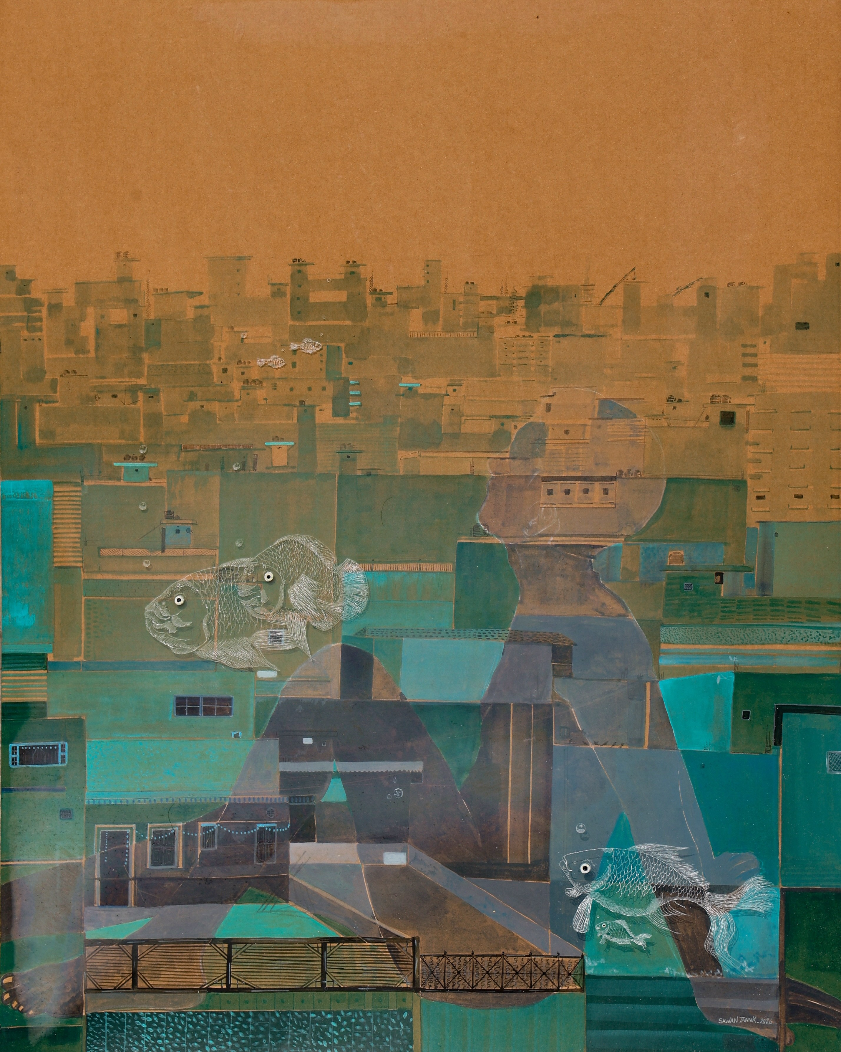 herd of sheep on road painting