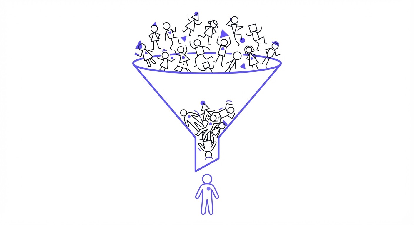 A diagram showing a funnel with many unique stick figures entering the top, getting stuck in a narrow bottleneck, and only one uniform figure exiting the bottom.