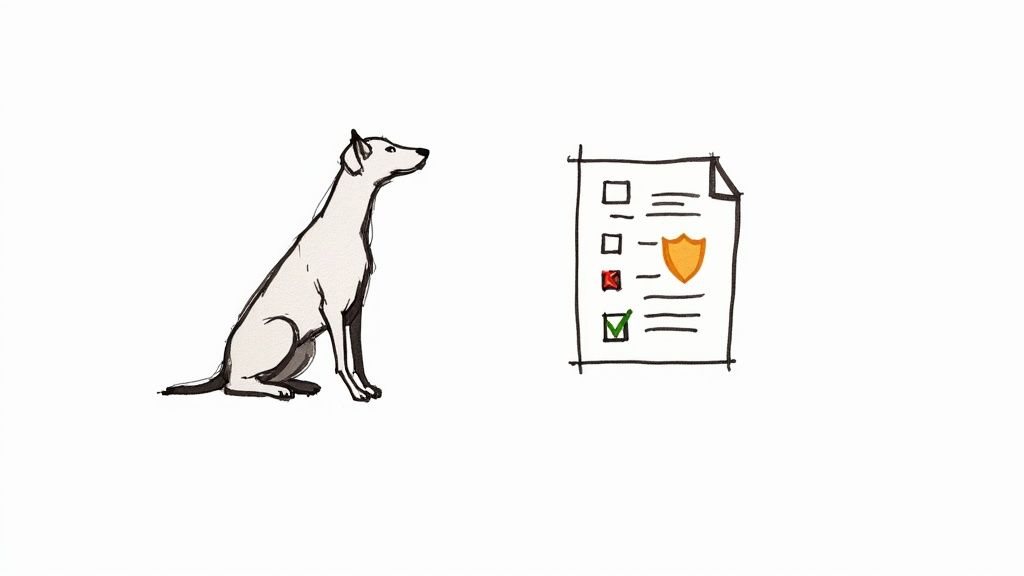 A veterinarian holding a happy dog in a clinic setting.