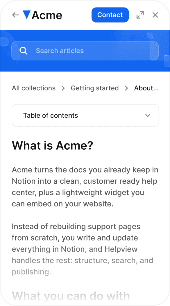 Helpview embedded help center widget showing a Notion synced article with search and table of contents.