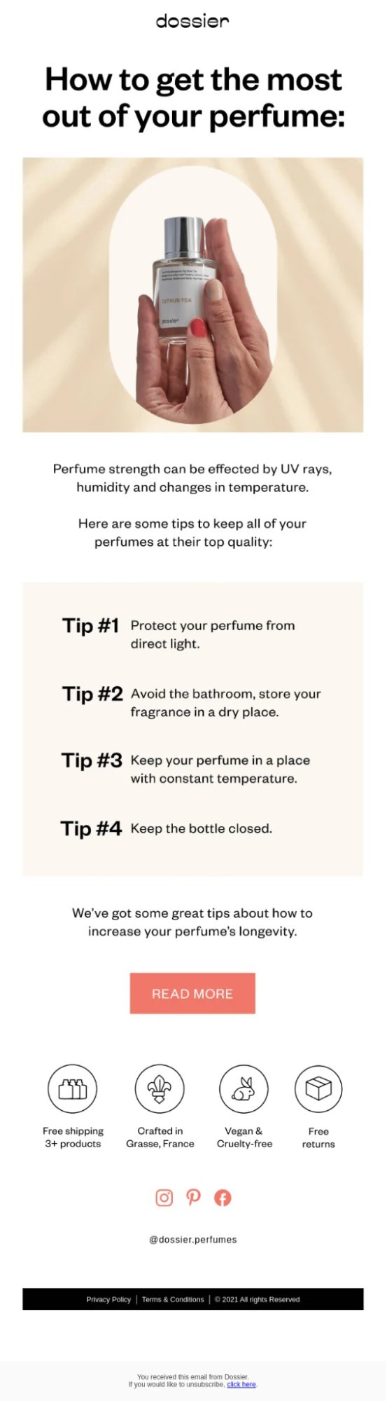 Dossier email offering tips to maximize perfume longevity, featuring minimalist design and product highlights.