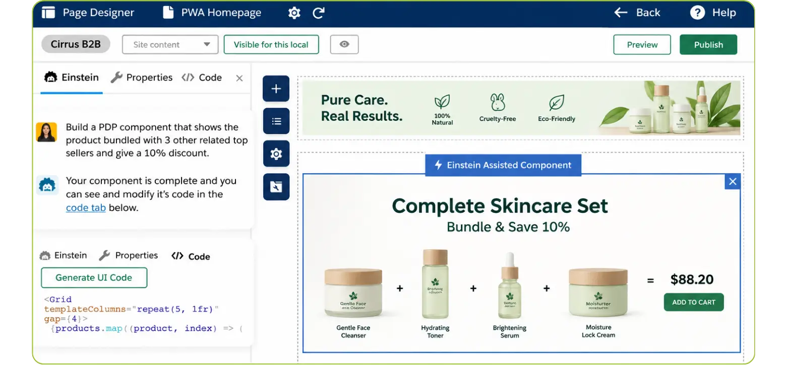 Page designer UI displaying an AI-assisted skincare product bundle