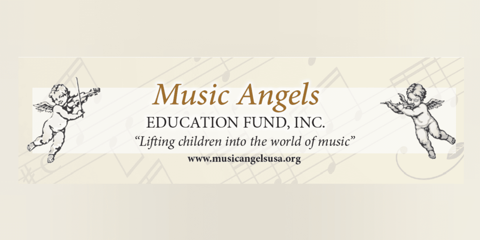 "Logo of Music Angels Education Fund, promoting music education for underserved children, symbolized by cherubs and musical notes."