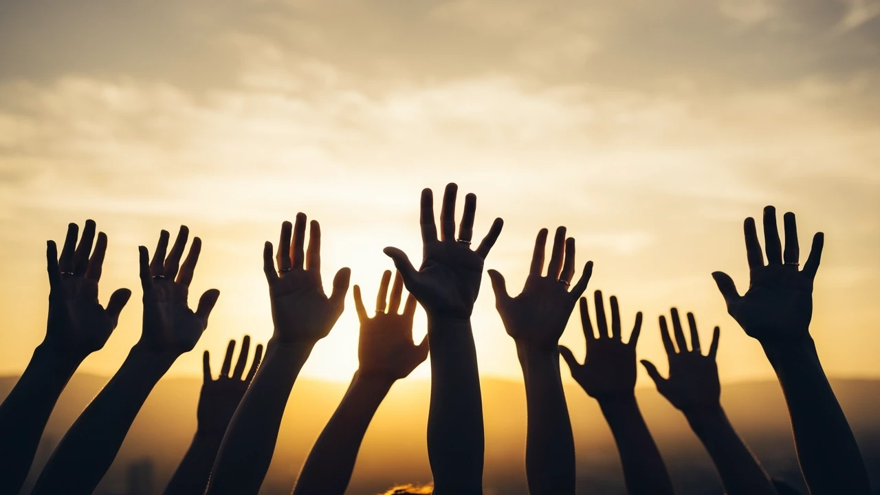 Viele erhobene Hände als Silhouetten gegen einen goldenen Sonnenuntergang – Symbol für Gemeinschaft und erfolgreich abgeschlossene Hilfsprojekte.