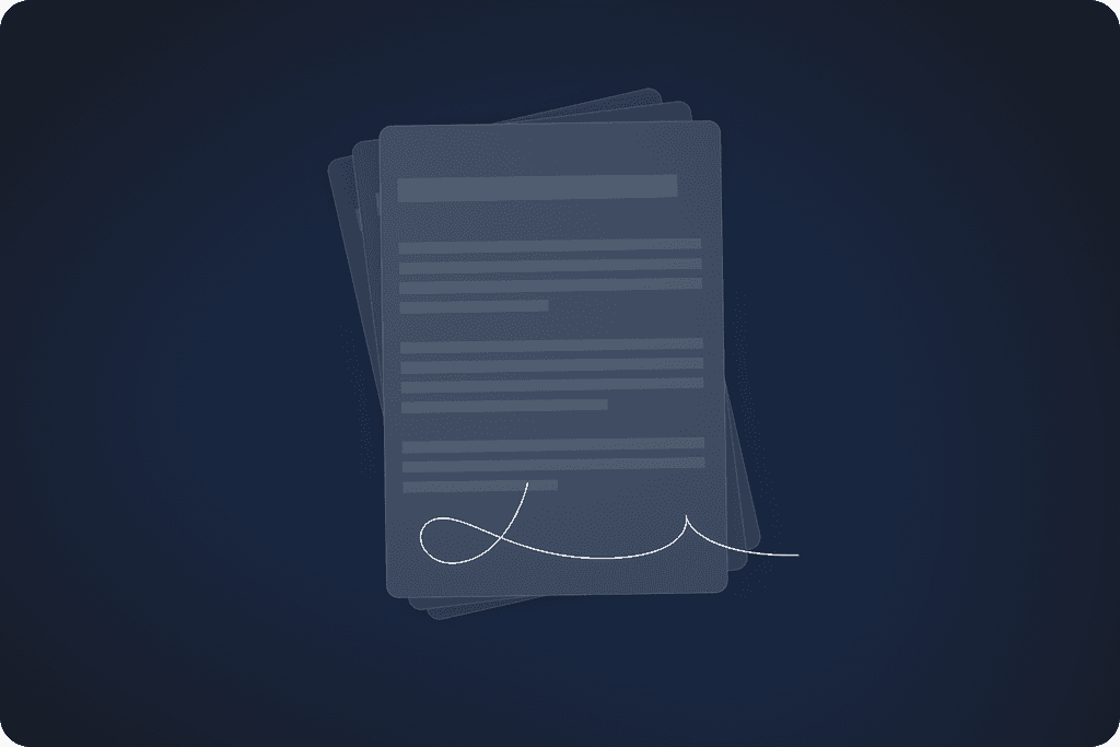 A stack of documents with a stylised signature at the bottom right represents contract signing.