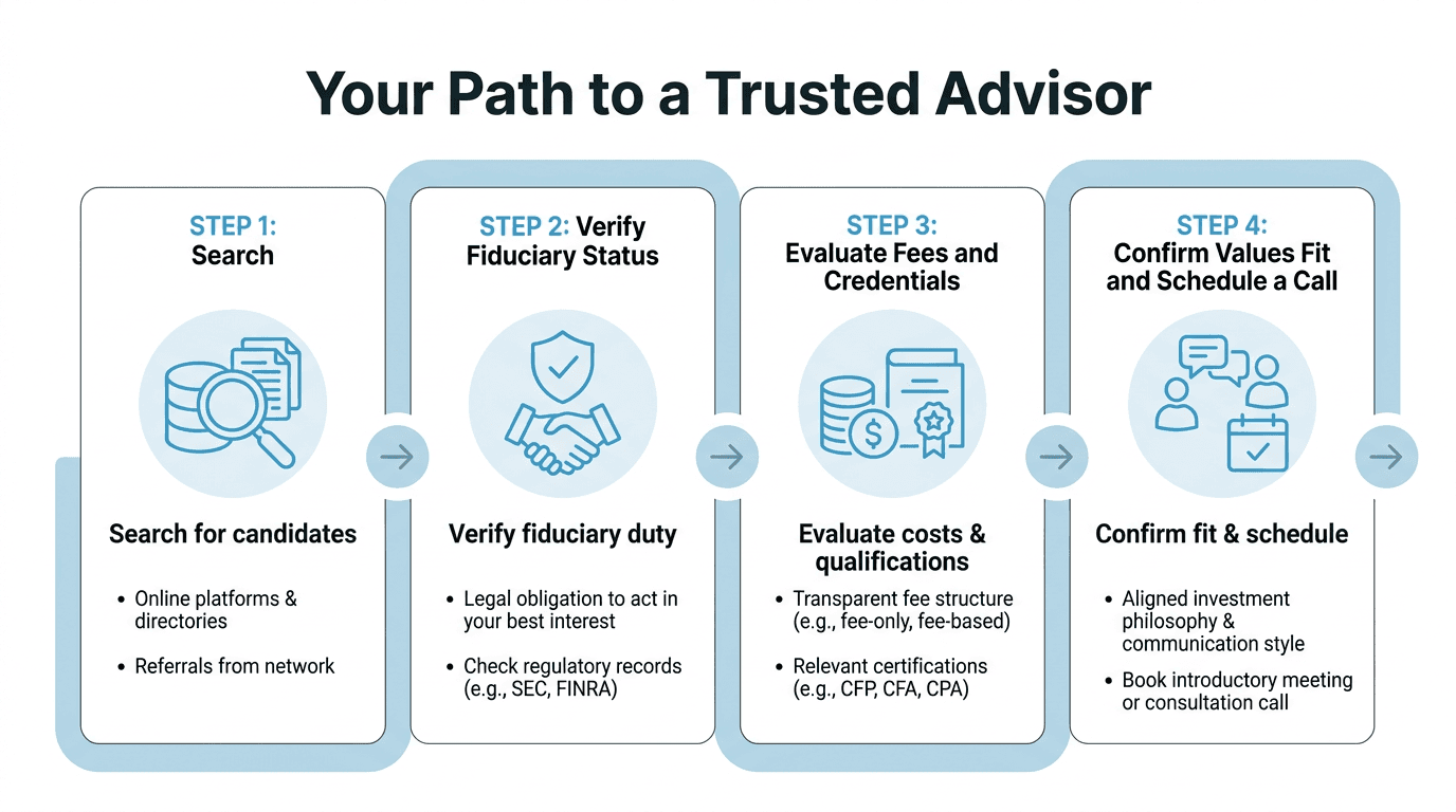 Horizontal four-step infographic showing the advisor selection flow: Search, Verify fiduciary status, Evaluate fees and credentials, and Confirm values and schedule a call, using clean icons and brand colors for clarity.