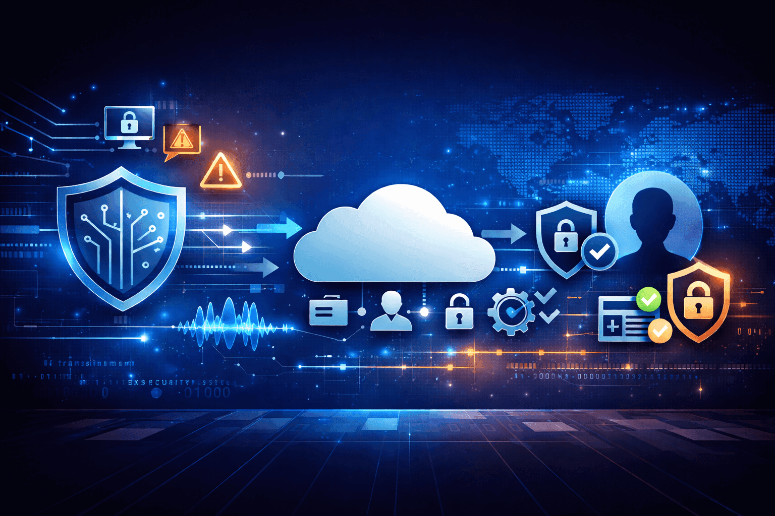 Futuristic cybersecurity banner with a central cloud icon connected to shields, lock symbols, warning alerts, user profile, and data flow lines on a dark blue digital background.