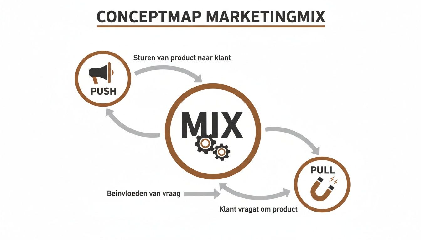 Conceptmap van de marketingmix met push- en pull-strategieën, inclusief pijlen die productstromen en vraagbeïnvloeding illustreren.