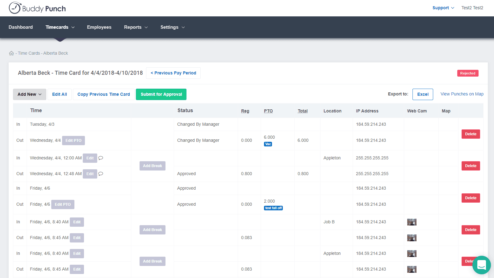 Buddy Punch's timecard interface