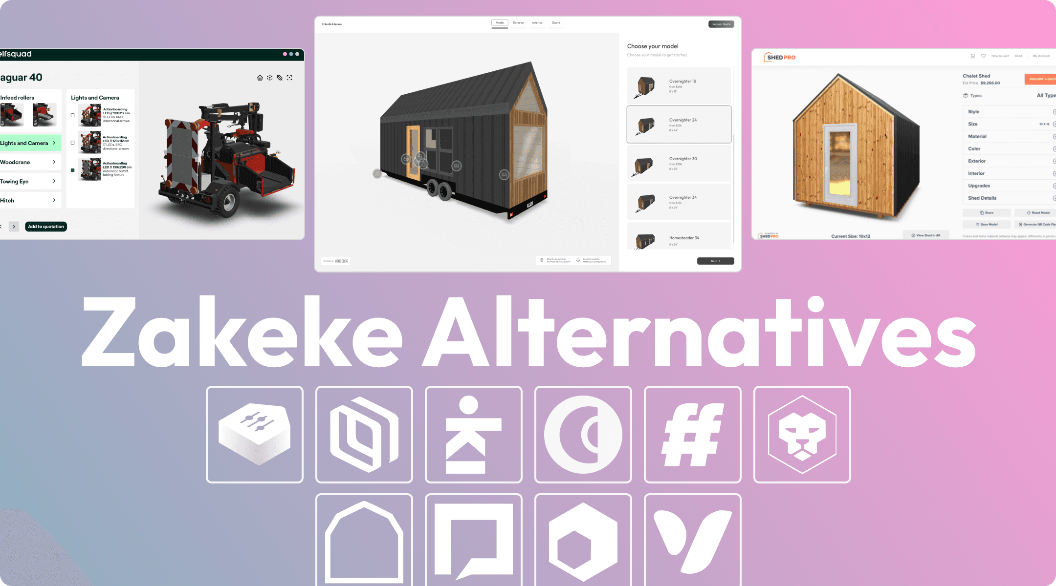 A collage of different prodcut configurators with the text "Zakeke Alternatives" in the middle.