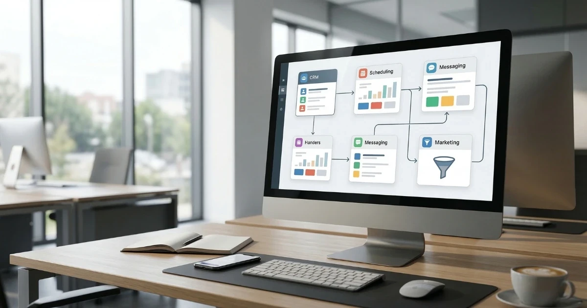 Real estate agent’s desktop showing multiple automation tools connected together in a workflow dashboard