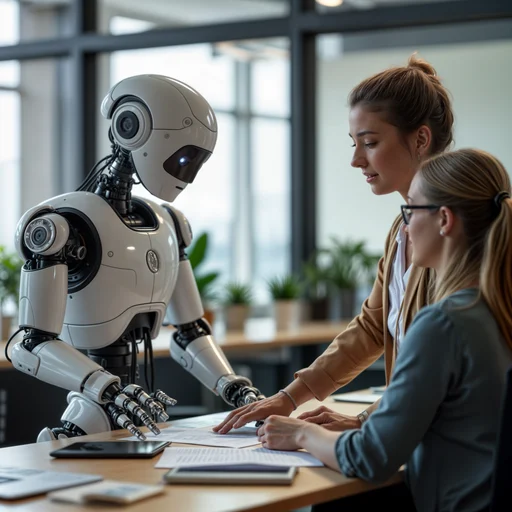 A robot helping two women at work