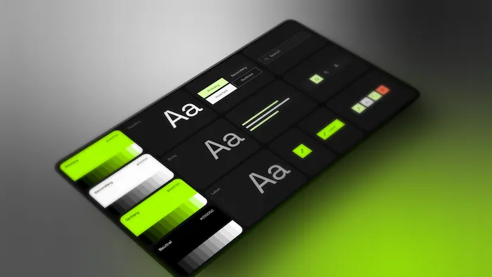 Dark UI design system with acid green #AAFF00 and black colour palette