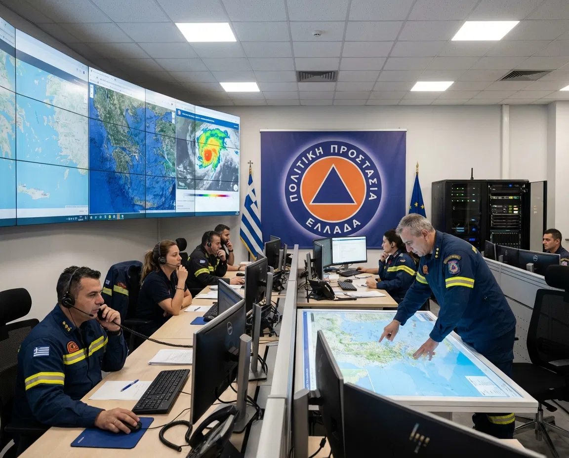 Modern Greek civil protection operations center with staff, maps, and communication equipment