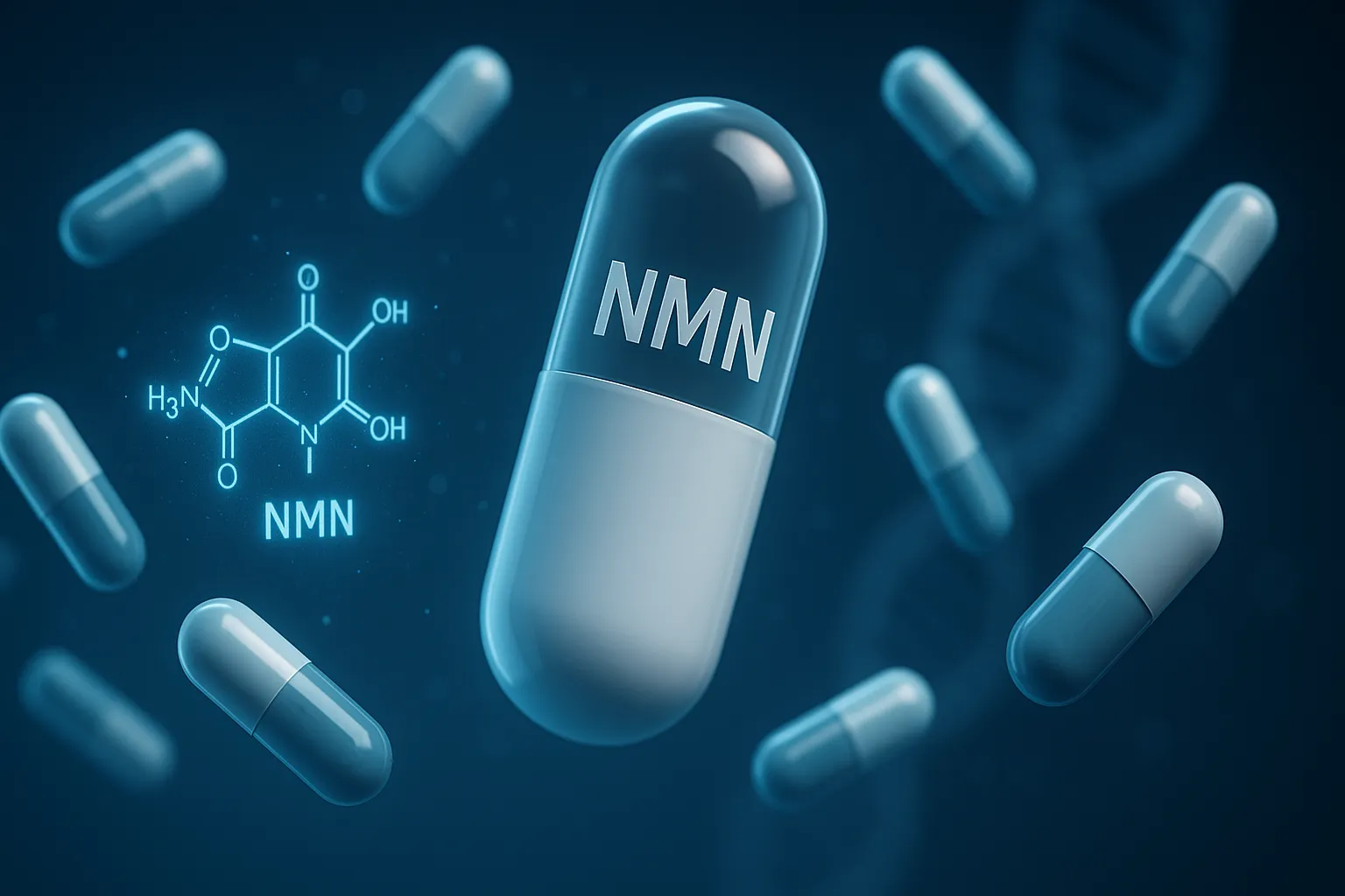 Futuristic NMN capsule floating with glowing molecular formula in blue background