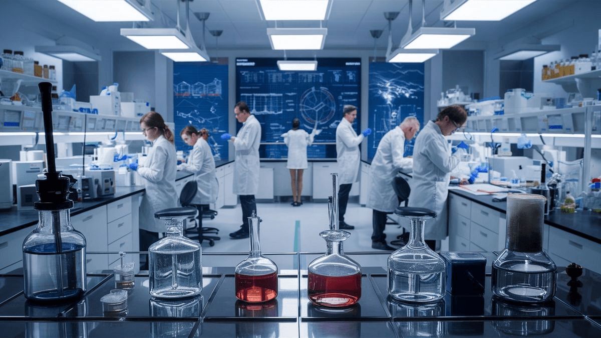 Scientists working in a modern lab with equipment and research