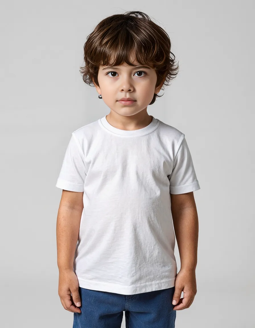 Minimalist portrait of a child with curly brown hair wearing a simple white t-shirt against a light gray background