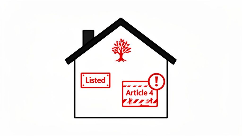 A white outline of a house with red symbols indicating 'Listed' status and 'Article 4' planning restrictions.