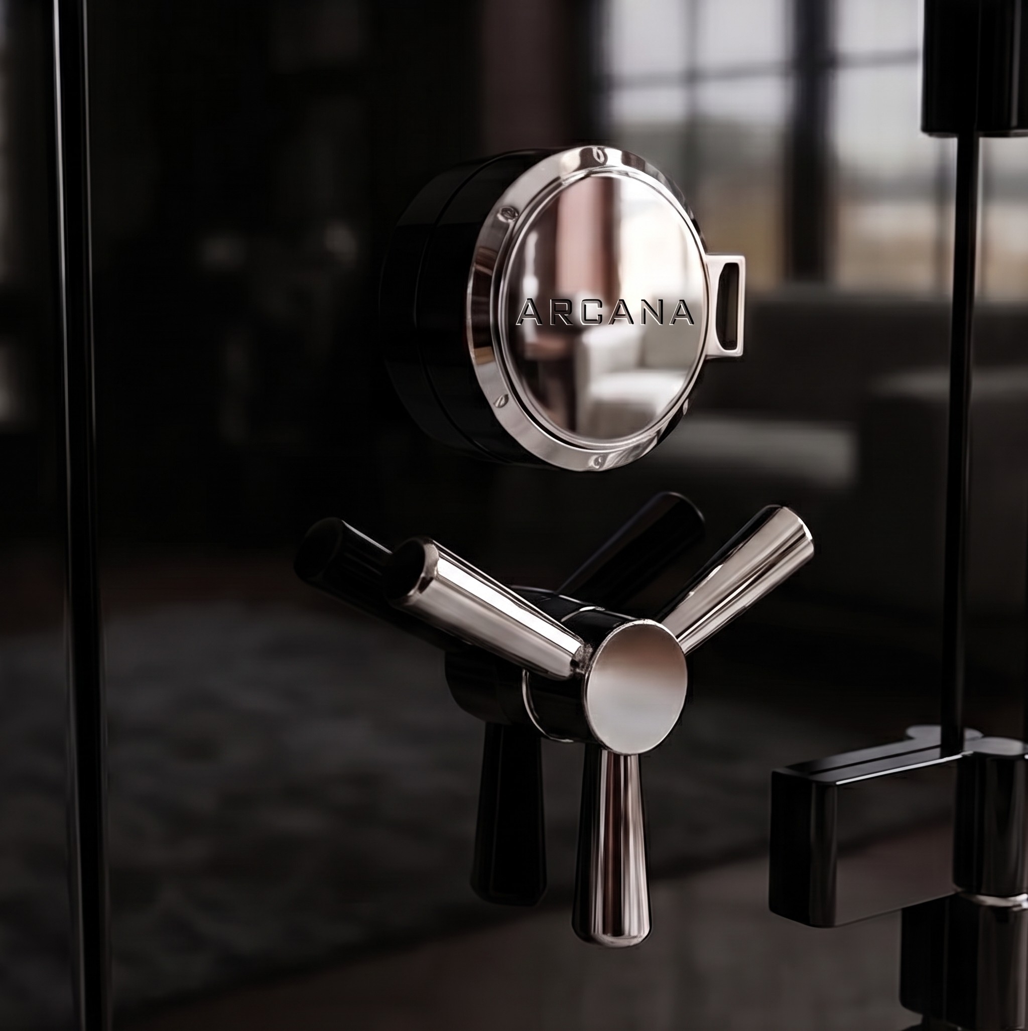Close view of an Arcana safe door, showing the polished chrome dial and three-spoke handle against gloss black lacquer