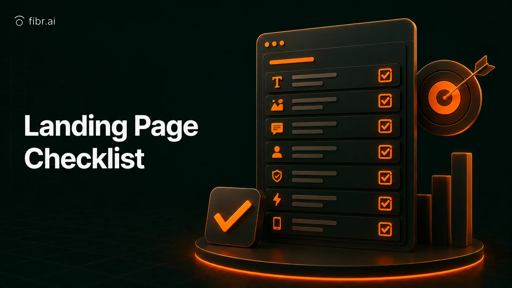 Landing page checklist concept showing essential elements like headline, CTA, mobile optimization, trust signals, fast loading speed, SEO, and conversion tracking.