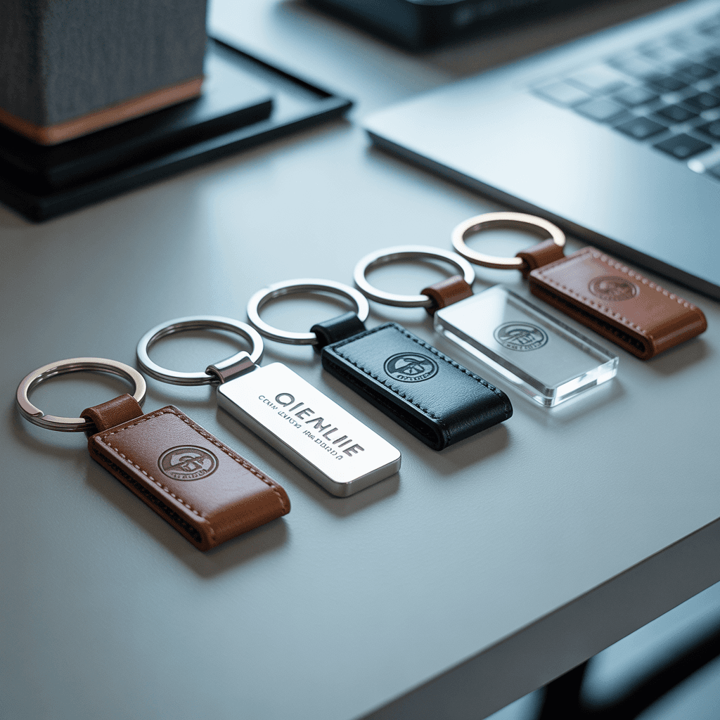 Premium custom keychains displayed on a clean office desk, leather, metal and acrylic keychains with engraved logos, minimal background, soft lighting, modern professional look, product focused, high detail, realistic photography