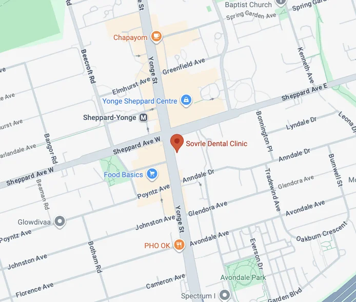 Map of Sovrle Dental Clinic located at the intersection of Yonge and Sheppard in North York, Ontario
