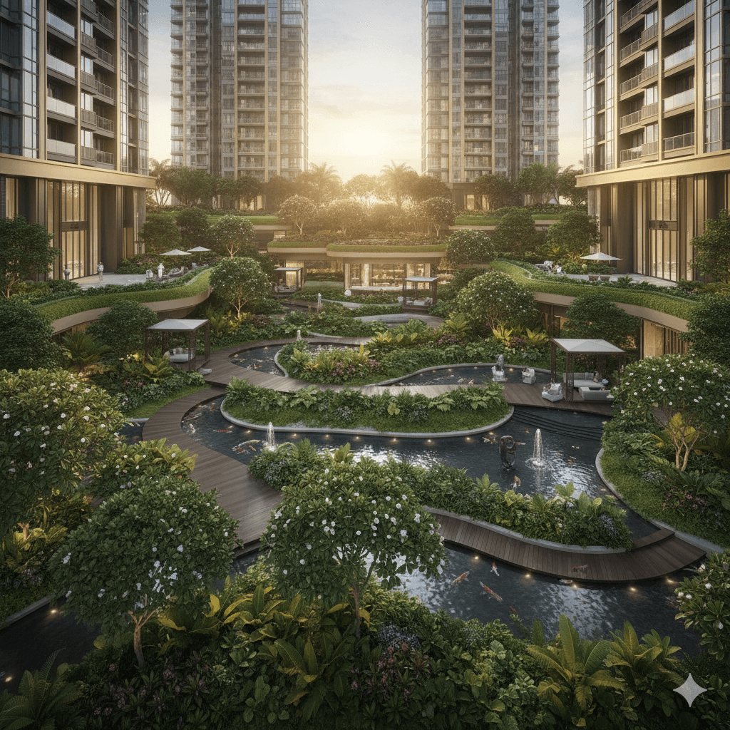 Lush landscaped podium gardens between modern residential buildings, M3M Latitude 2.0 Gurugram