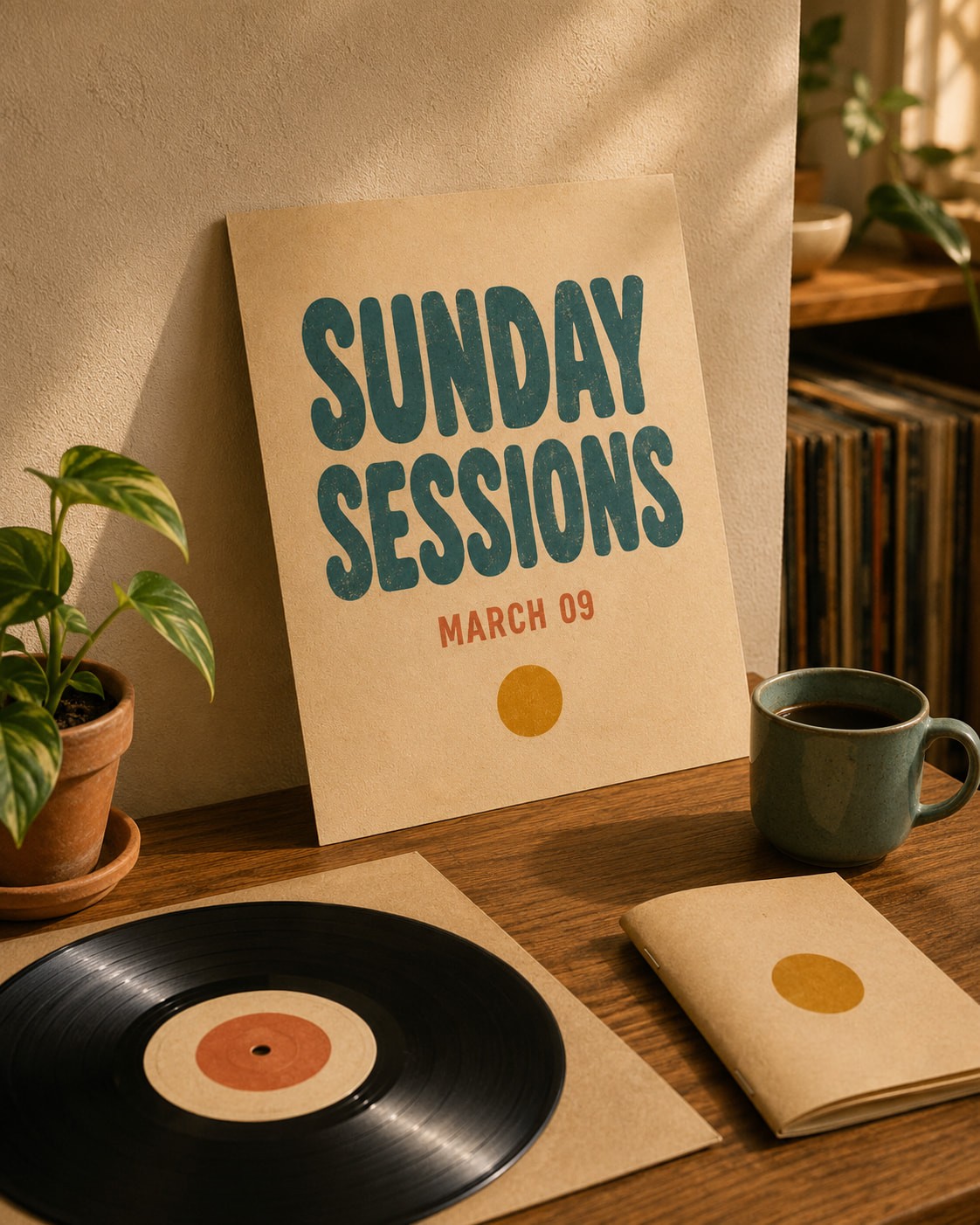 Vinyl record and "Sunday Sessions" poster on a wooden table with a potted plant, coffee cup, and notebook. Warm, nostalgic ambiance.