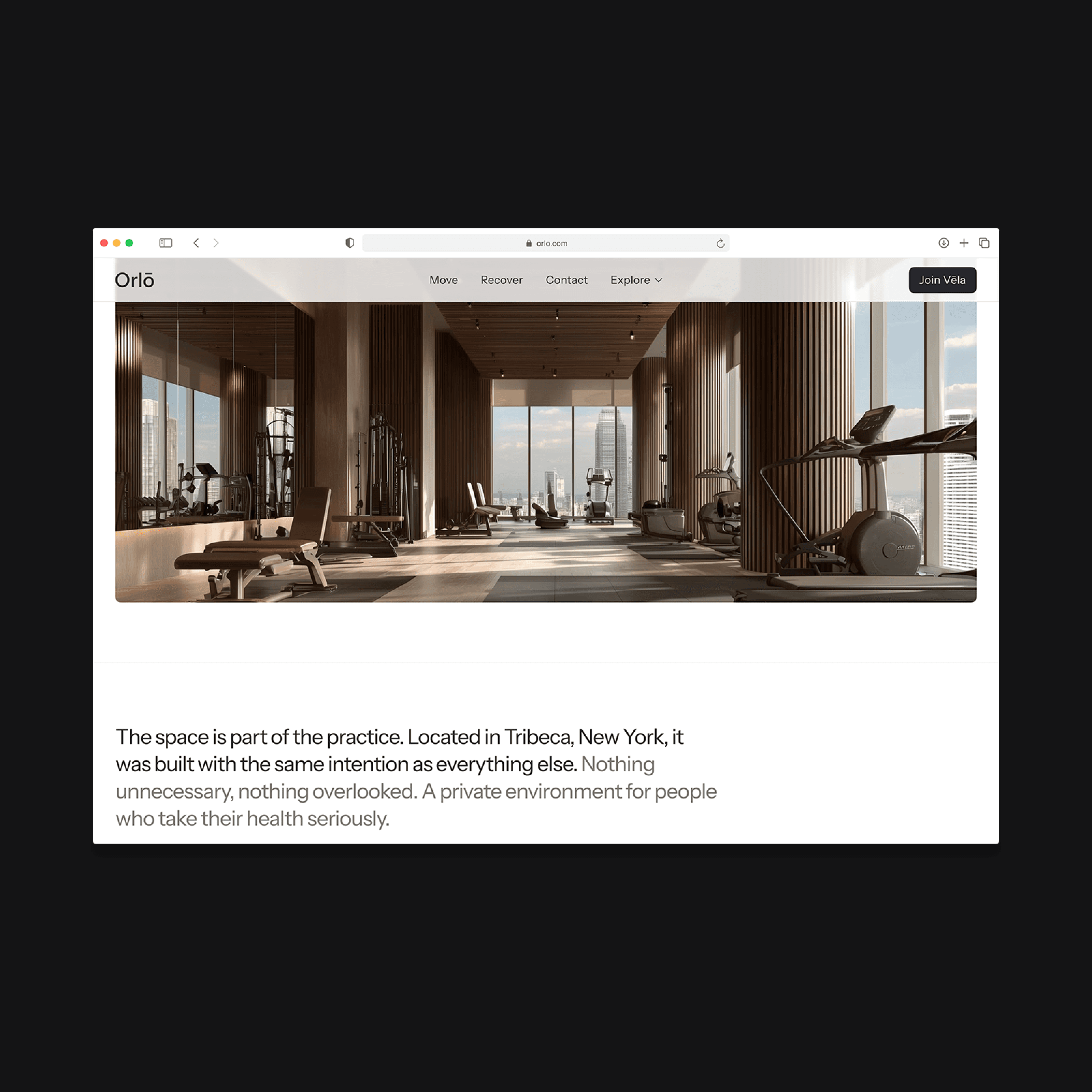 MacBook showing the Orlō website with a luxury gym interior featuring floor-to-ceiling windows and city views