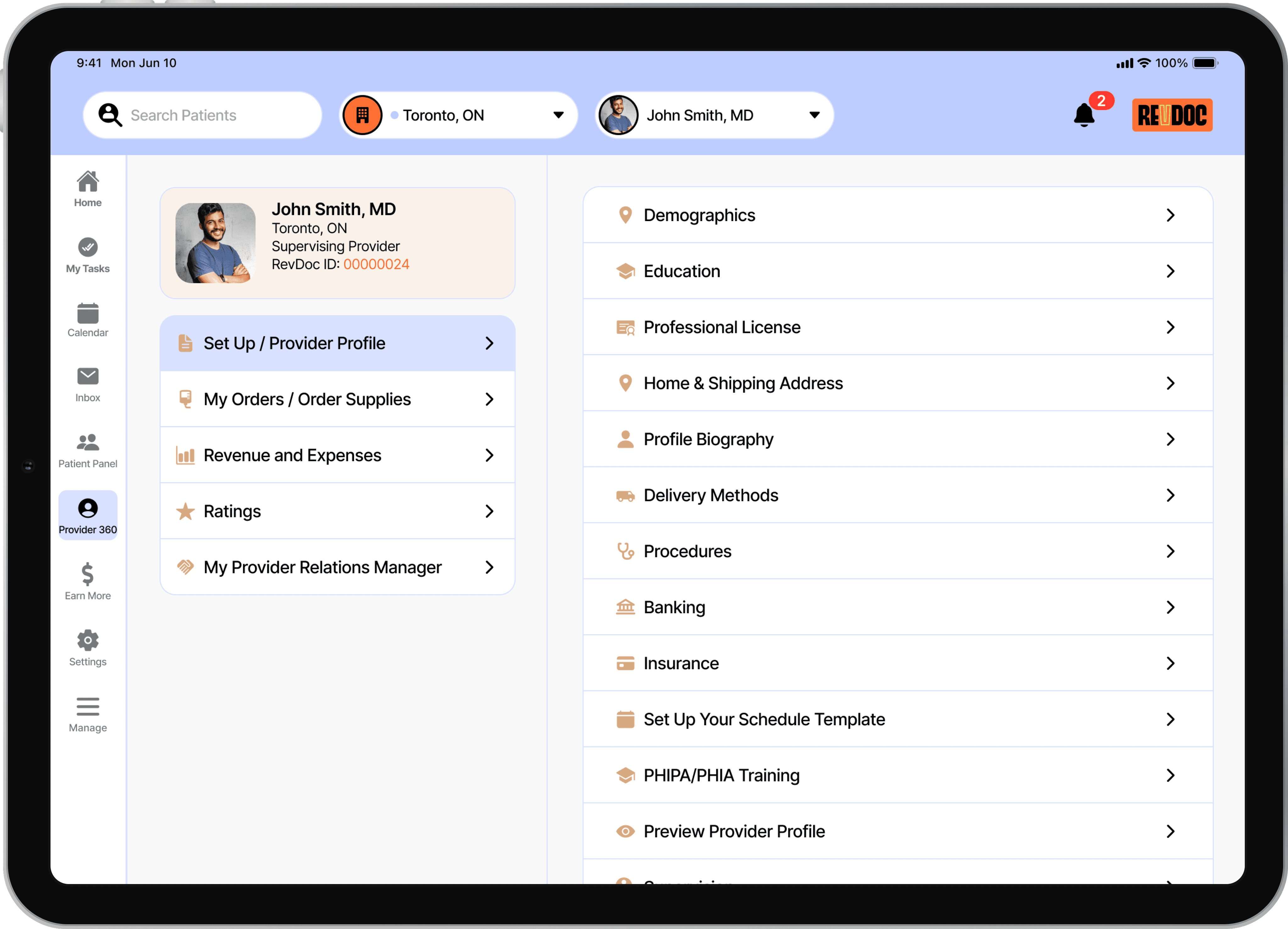 RevDoc's user interface for the Provider 360 tab of the provider app.